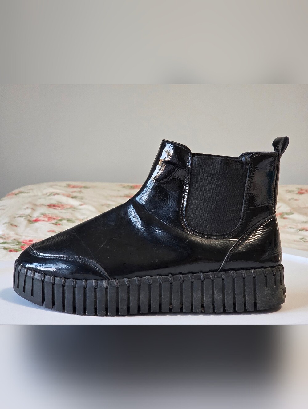 Ilse Jacobsen Black Gloss Stitched Ankle Chunky Lug Sole tPlatform Boots Sz 8
